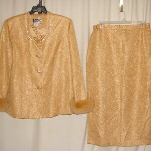 Ben Marc Women's Gold Chuch Suit: Skirt & Jacket, Fur Cuffs, Sz 18, Rhinestones